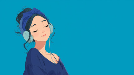 ヘッドフォンで音楽を聞く女性をYouTube動画サムネイル用にアニメスタイルで描いたAI生成画