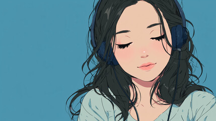 ヘッドフォンで音楽を聞く女性をYouTube動画サムネイル用にアニメスタイルで描いたAI生成画
