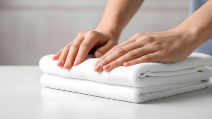 Close-up of human hands expertly folding and stacking pristine white towels, embodying household organization and fresh laundry
