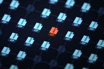 Security threat in network system, blue ZIP file icons on one central file highlighted in red dark background isometric selective focus