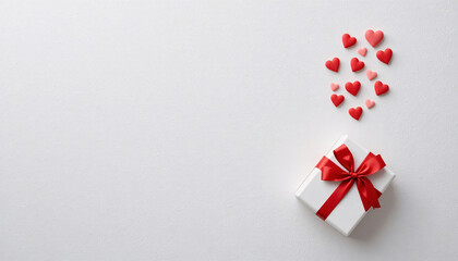 A white gift box with a red ribbon and bow surrounded by small red and pink hearts on a white
