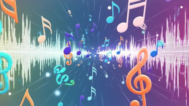 Musical Waves Action, Colorful Notes, Digital Realm, Visual Artwork, Abstract Environment, Dynamic Viewpoint, Sound Visualization