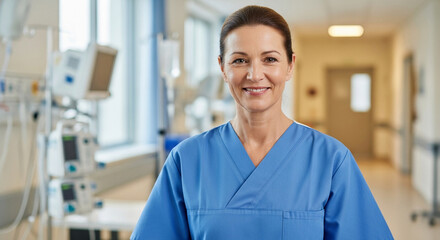 A middle-aged woman nurse with a kind smile, looking directly at the camera, simple medical uniform, bright hospital interior background