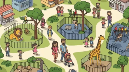 Fototapete Rund Zoo Cartoon zoo scene with families observing animals in enclosures.  © Ajik