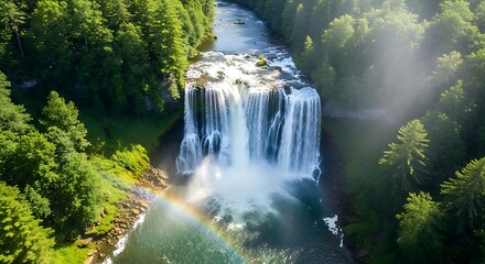 Elevated perspective captures powerful cascade descending into a pool surrounded by dense woodland