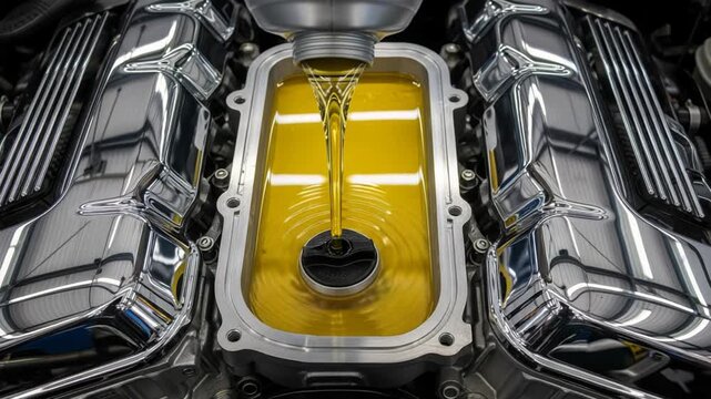 Pouring golden engine oil into a clean, shiny car engine during maintenance.
