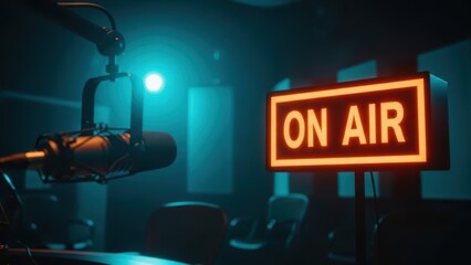 On air sign glowing orange in a dark broadcast studio with a microphone. Live radio show or podcast recording session concept.