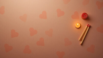Soft pink valentine's day flat lay with matches and candle on heart patterned background with love