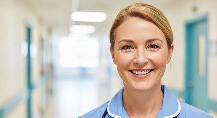 A friendly middle-aged female nurse smiling warmly, wearing clean professional nursing uniform