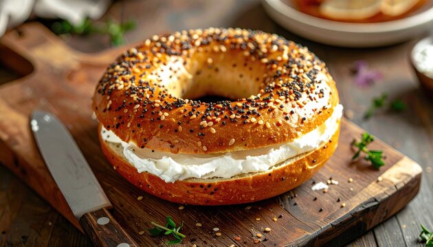 A toasted bagel with cream cheese, on a wooden board
