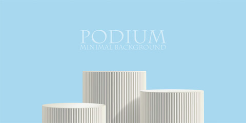 Blue bg 3d poduim, product display platform. Light minimal abstract stage, cylinder stair winner pedestal. White marble pillar scene, pastel room wall. Geometric mockup, empty render of award backdrop