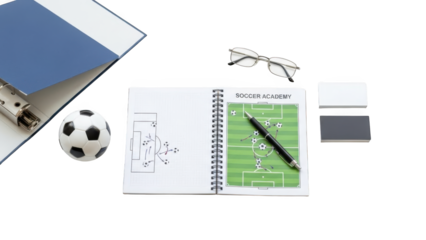 A soccer coach's planning tools on a black background on transparent background