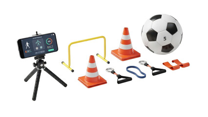 A smartphone on a tripod is used to record a soccer player training with various equipment on transparent background