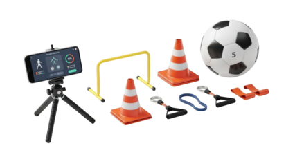 A smartphone on a tripod is used to record a soccer player training with various equipment on transparent background