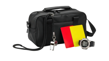 A black sports bag with a whistle, watch, and Belgian flag on a transparent background