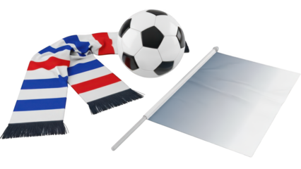 A soccer ball, scarf, and flag on transparent background, symbolizing team spirit in sports
