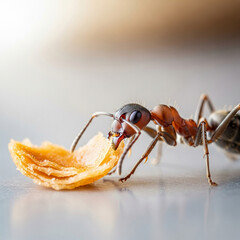 Macro close-up of a single ant eating a small food particle on a clean surface, bright and airy lighting