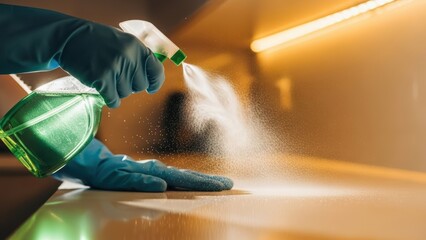 Person in rubber glove spraying cleaner solution from bottle onto kitchen counter, showing hygiene and disinfection concept for home cleaning.