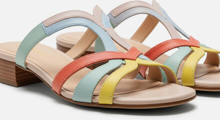 Close-up product photography of elegant women&rsquo;s sandals displayed on a clean white background, beautifully colored straps