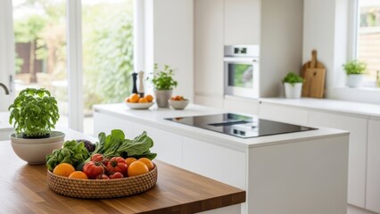 Modern kitchen island with fresh vegetable and fruit. Healthy food preparation in a bright contemporary home interior for cooking lifestyle.