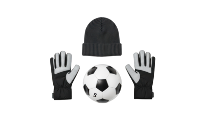 A set of goalkeeper gear including gloves, beanie, and soccer ball on transparent background