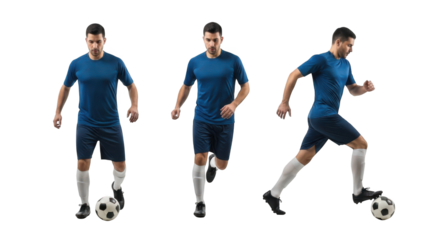 A soccer player in blue uniform performing different moves with the ball on transparent background