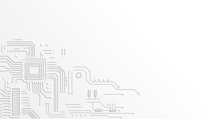 Abstract white technology background with embossed circuit board lines and geometric microchips