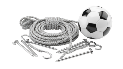 A collection of outdoor equipment including a rope, metal hooks, nails, and a soccer ball on transparent background
