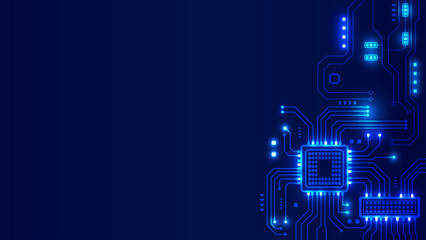 Futuristic blue technology background with glowing digital circuit board lines and microchips