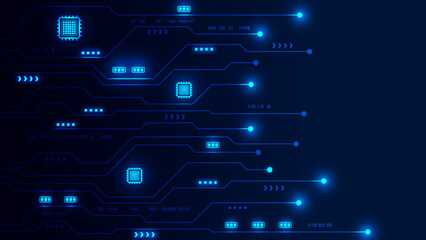 Futuristic blue technology background with glowing digital circuit board lines and microchips