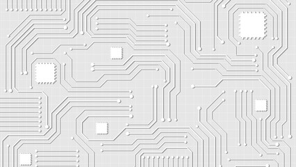 Abstract white technology background with embossed circuit board lines and geometric microchips