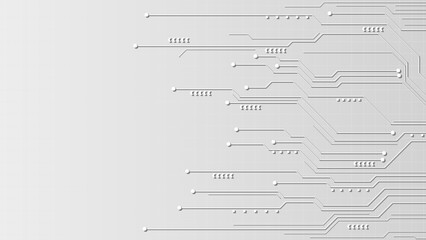 Abstract white technology background with embossed circuit board lines and geometric microchips