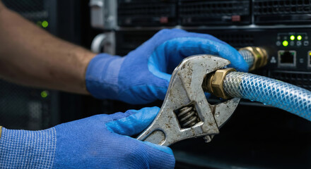 Maintenance cooling distribution units CDU for AI center performed by technician wearing blue gloves using adjustable wrench to secure hose