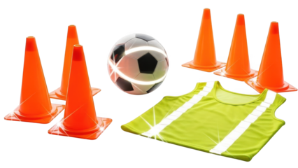 A collection of soccer training equipment including cones, a ball, and a vest on transparent background