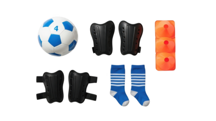 A collection of soccer gear and equipment on transparent background