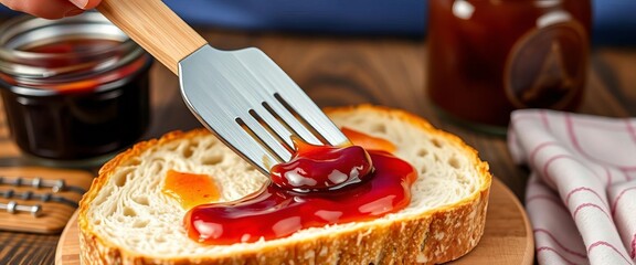 Close-up of a hand spreading homemade jam on bread, apricot, country