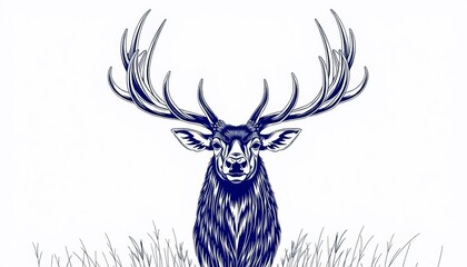 Elegant line art drawing of a majestic stag, antlers spread wide,  print,  artwork