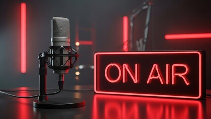 Studio microphone with on air neon sign glowing red. Broadcasting, podcasting, or radio show concept for live recording and media production.