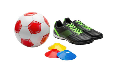 A pair of black soccer cleats with green laces and a soccer ball with red and white panels on transparent background