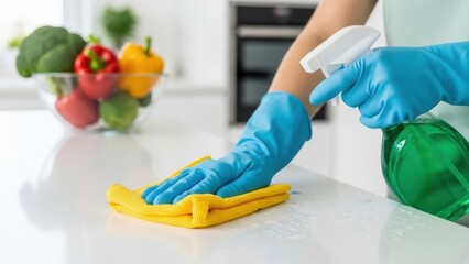 Woman in blue glove cleaning kitchen counter with spray bottle and yellow cloth. Household chore concept for hygiene and clean home.