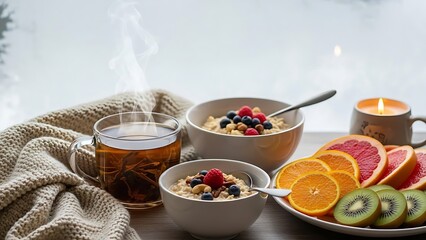 A warm breakfast scene with oatmeal, fruit, and tea on a cozy table by the window indoors.