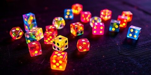 Glowing fantasy dice scattered on a dark, textured surface,  rolling,  glowing