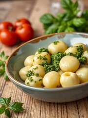 Gnocchi dumplings, soft potato pasta served with pesto, a light and flavorful Italian appetizer or main,  Italian food,  homemade