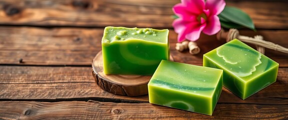 Lush green soap bars, handcrafted, on rustic wood,  clean,  fresh