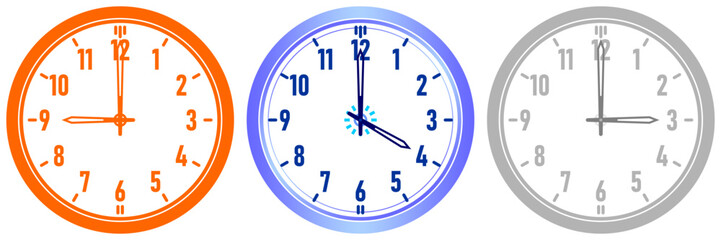 nalog Wall Clock Icon Set | Time, Schedule, Deadline, and Business Management Symbol Vector, The styles include vibrant orange, bright blue, and a grayscale/outline version