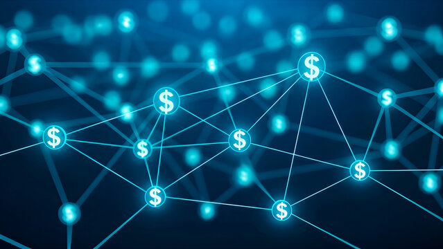 Glowing blue dollar signs connected in a digital network on dark background connection - Powered by Adobe