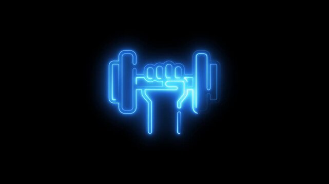 Neon blue glowing hand lifting dumbbell fitness symbol neon sign workout glowing blue lines on black background