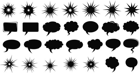Comic Speech Bubbles and Explosion Spark Silhouettes Set, Black Vector Chat Clouds, Thought Balloons, Pop Art Communication Elements for Design,