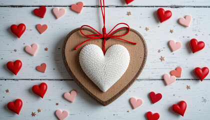 A white heart ornament with a red ribbon on a wooden heart shaped decoration surrounded with love