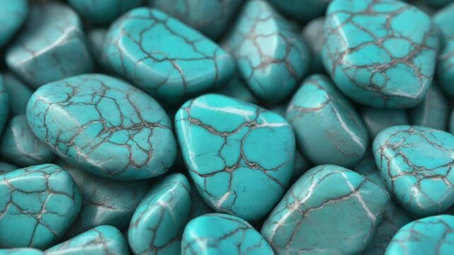 A close-up, high-angle shot of many tumbled turquoise stones with intricate dark veining.